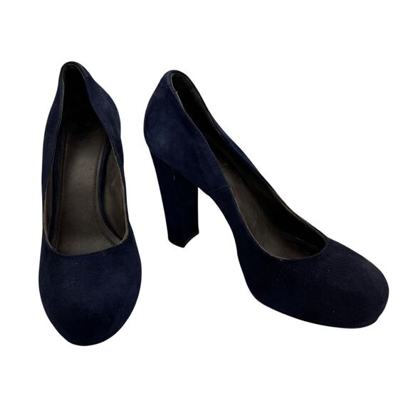 Vintage Joie Navy Suede Platform Pumps Round Toe, Block Heel, Size 39 - Picture 3 of 11